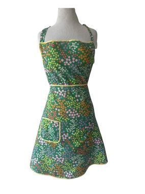 Vtg 60s Green Floral Apron Retro Kitchen Colorful One Size Handmade
